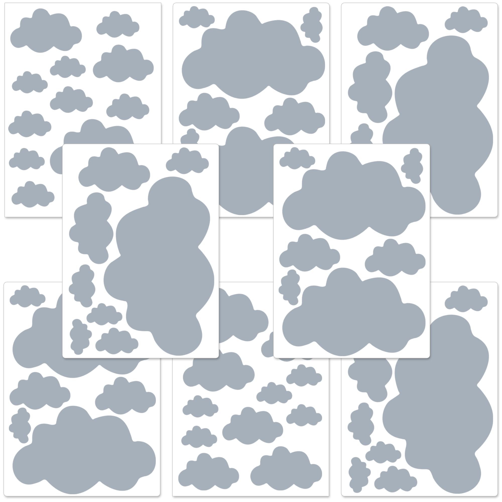 PREMYO Set of 70 Cloud Wall Stickers Kids - Nursery Decor Easy to Apply - Decals for Bedrooms for Girls Boys Grey