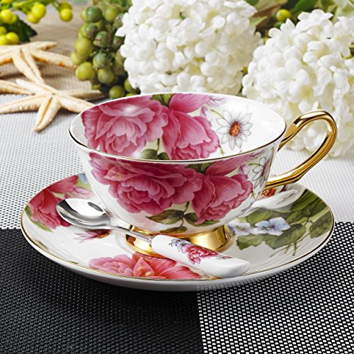 Panbado 3 Piece Bone China Tea Cup and Saucer Set with Spoon Porcelain Gold Rimmed Coffee Teacup, Service for 1, 200 ml/6.8 oz, Pink Rose, Cup & Saucer