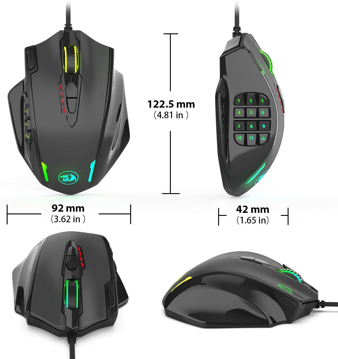 Redragon M908 Impact RGB LED MMO Mouse with Side Buttons Optical Wired Gaming Mouse with 12,400DPI, High Precision, 19 Programmable Mouse Buttons: Computers & Accessories