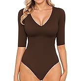 MANGOPOP Women's V Neck Half Sleeve Bodysuit 3/4 Sleeve Slim Fitted Body Suit Sexy Going Out Shirts Tops