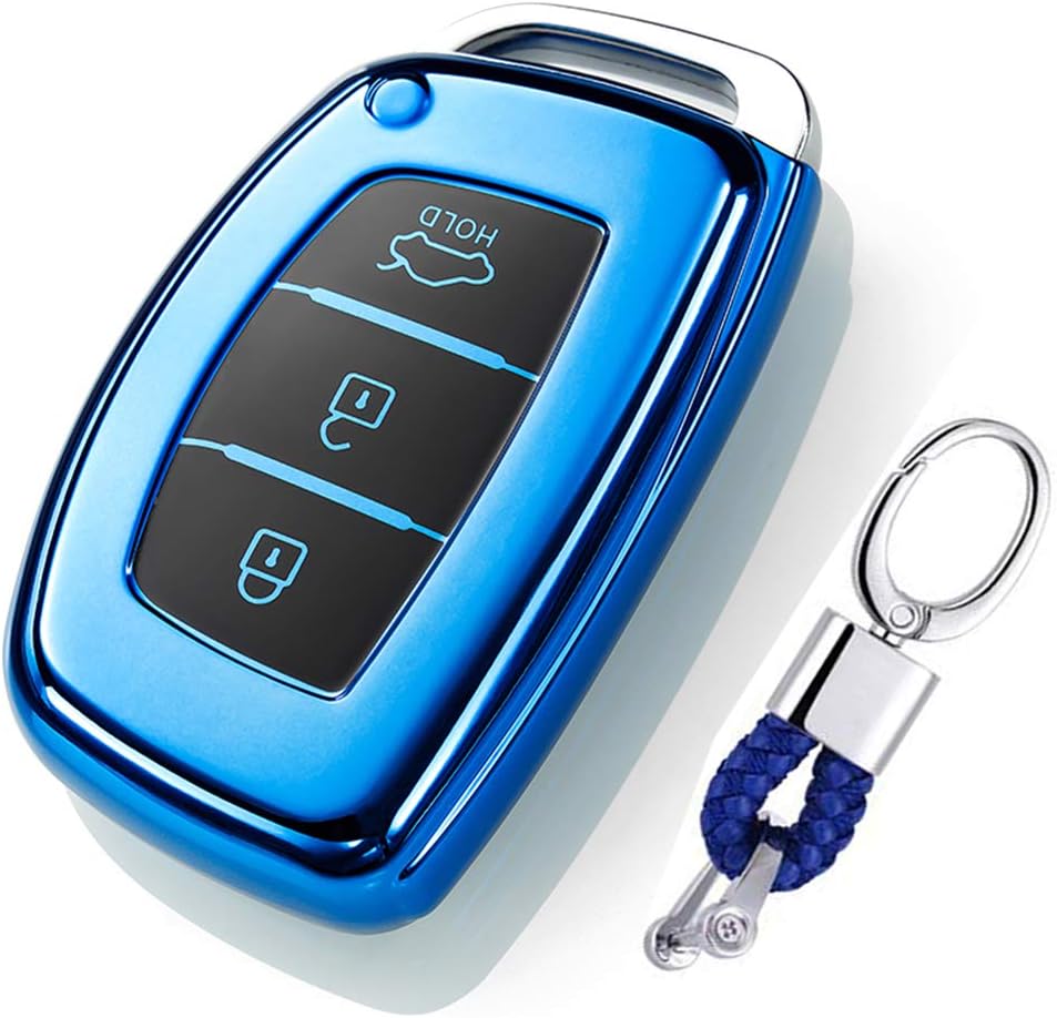 Premium Soft TPU Car Key Case Shell Full Cover with KeyChain for Hyundai Sonata Elantra Tucson i45 i40 ix35 ix25 ix20 i30 3 Button Blue