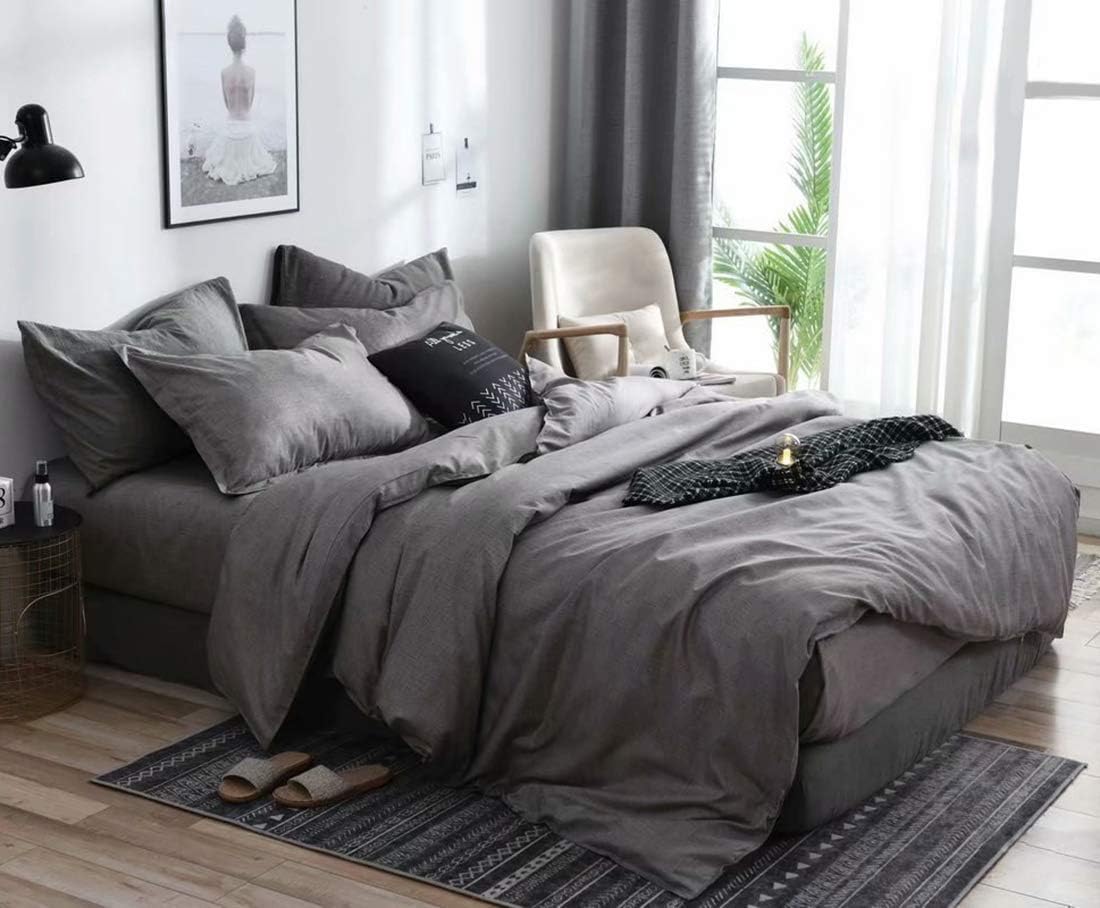 Jameswish 3pcs Charcoal Grey Duvet Cover Set Full Queen Size Modern Chambray Gray Reversible Solid Colored Bedding Sets Soft Microfiber Taupe Gray Farmhouse Comforter Quilt Covers for Men Women