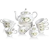 Sweejar Porcelain Tea Set Vintage Floral, British Relief Gold Rim Teapot Cup and Saucer Sets, 22-Piece Tea Sets for Adults, with Teapot, Sugar Bowl, Milk Jug, Spoons, Cup and Saucer (Camellia)