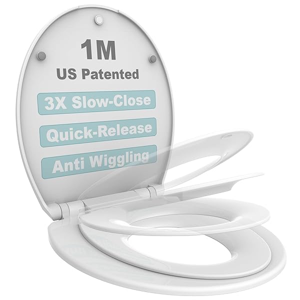 1M FAMILY TOILET SEAT, PATENTED SLOW CLOSE & QUICK RELEASING TECHNOLOGY, ANTI-WIGGLING, EASY TO INSTALL AND CLEAN, STANDARD ROUND WITH TODDLER SEAT BUILT IN (1 PIECE)