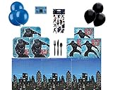 Black Panther Party Supplies Pack for 16, Black Panther Paper Dessert Plates, Napkins, Superhero Table Cover, Cutlery, Balloons and Stickers - Bundle of 6 Items