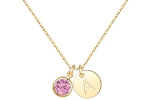 Hidepoo Initial Birthstone Necklace for Girl Women - 14K Gold Plated Disc Letter Necklace Personalized Gifts Jewelry Birthstone Initial Necklaces Birthday Gift for Female Teens Mom