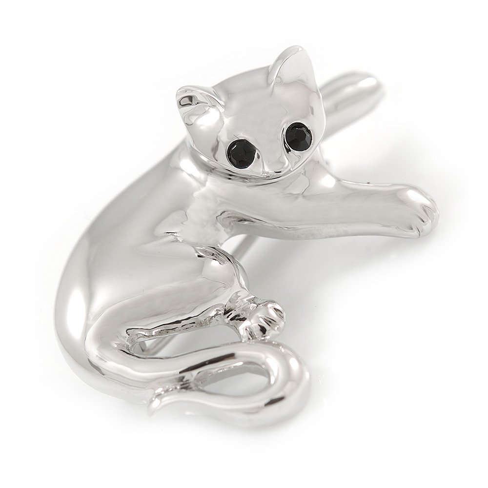 Polished Rhodium Plated Kitten/Cat Brooch - 35mm L