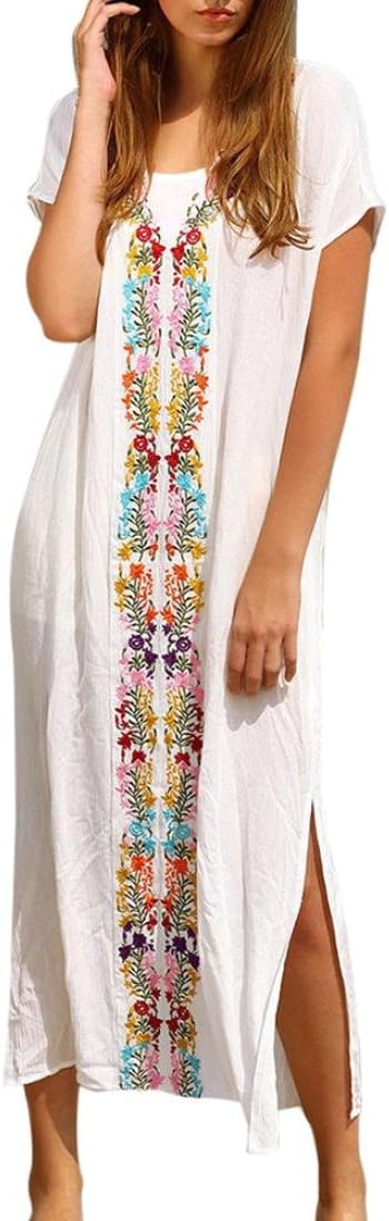 Fashion Women Summer Kaftan Embroidery Beach Swimwear Embroidered Cover Up Short Sleeve Straight Long Dress