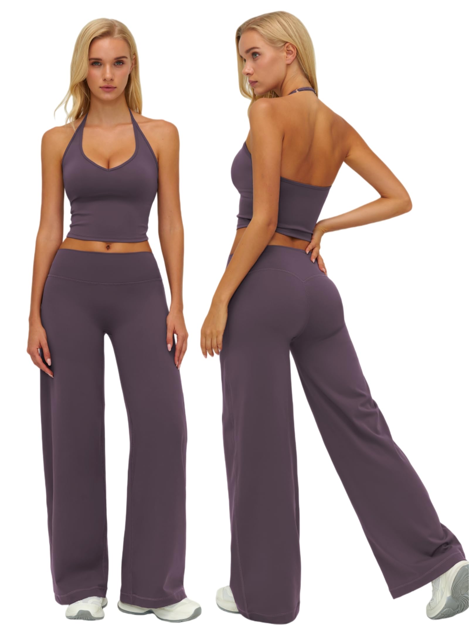 Photo 1 of ***DAMAGED BOTTOMS*** ABOCIW Workout Sets for Women 2 Piece V Neck Adjustable Halter Crop Top Matching Wide Straight Leg Yoga Pants Leggings Gym Pilates Outfits Athletic Work Out Clothes Halter Plum Large
