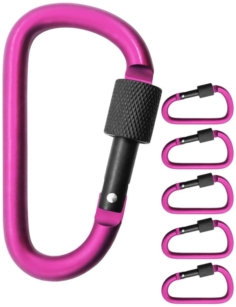 Outdoor Saxx® 5X Large Screw Carabiner Hook for Attaching Equipment, Aluminium, 8 cm, Pink, Black, Pack of 5