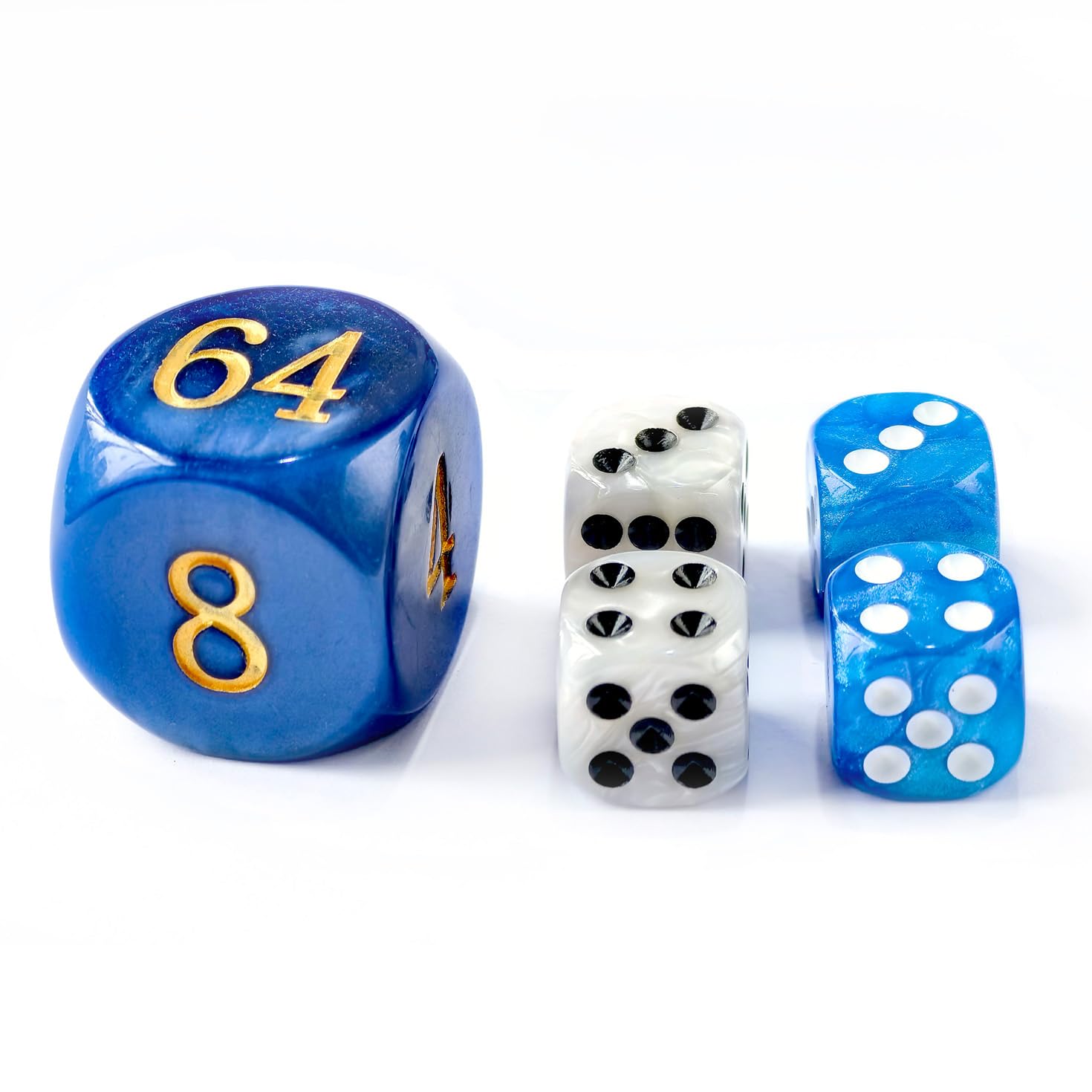 5pcs Set 30MM Backgammon Pearl Dice set - 30MM (1 3/16") Large Backgammon Doubling Cube Plus 4pcs 16MM Dice (Blue/White Marbleized)