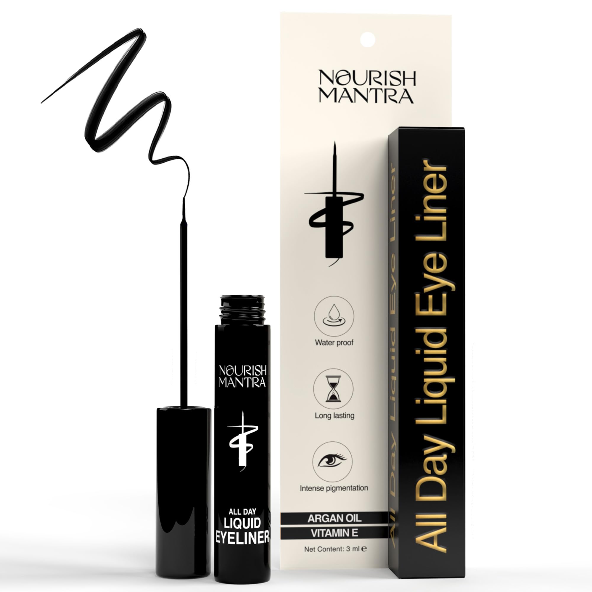 Nourish Mantra All-Day Liquid Eyeliner Waterproof 3ml | Formulated with Argan Oil, Vitamin E | Intense Pigmentation | Smudge Proof | Waterproof Eyeliner| Long Lasting | Black Eyeliner Liquid