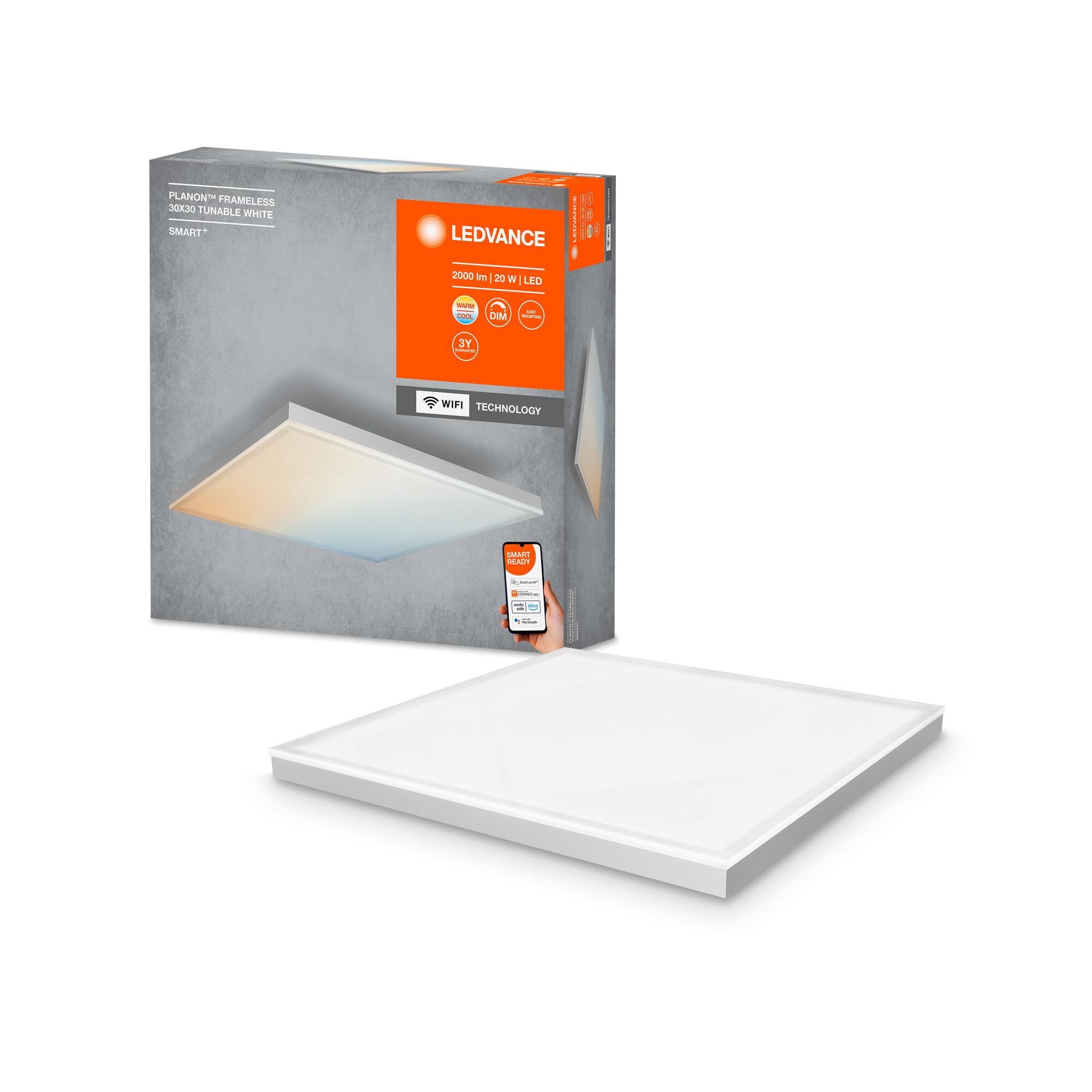 LEDVANCE Smart LEDCeiling Luminaire, Indoor Panel with WiFi Technology, Tunable White (3000K-6500K), 300 mm X 300 mm, Compatible with Google and Alexa Voice Control, SMART+ WiFi ORBIS Frameless