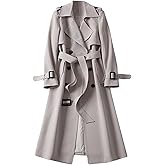 SOMTHRON Women's Double Breasted Long Trench Coat Belted Notch Lapel Overcoat Windproof Classic Outerwear