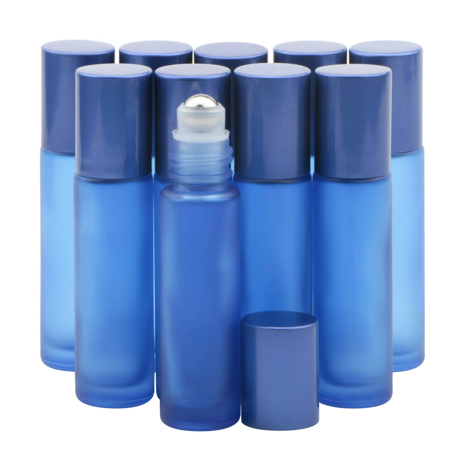Rowiz 10PCS 10ml Essential Oil Roller Bottles Small Roll on Bottle Blue Frosted Leakproof Glass Bottle With Stainless Steel Balls And Screwcap For Perfume, Travel