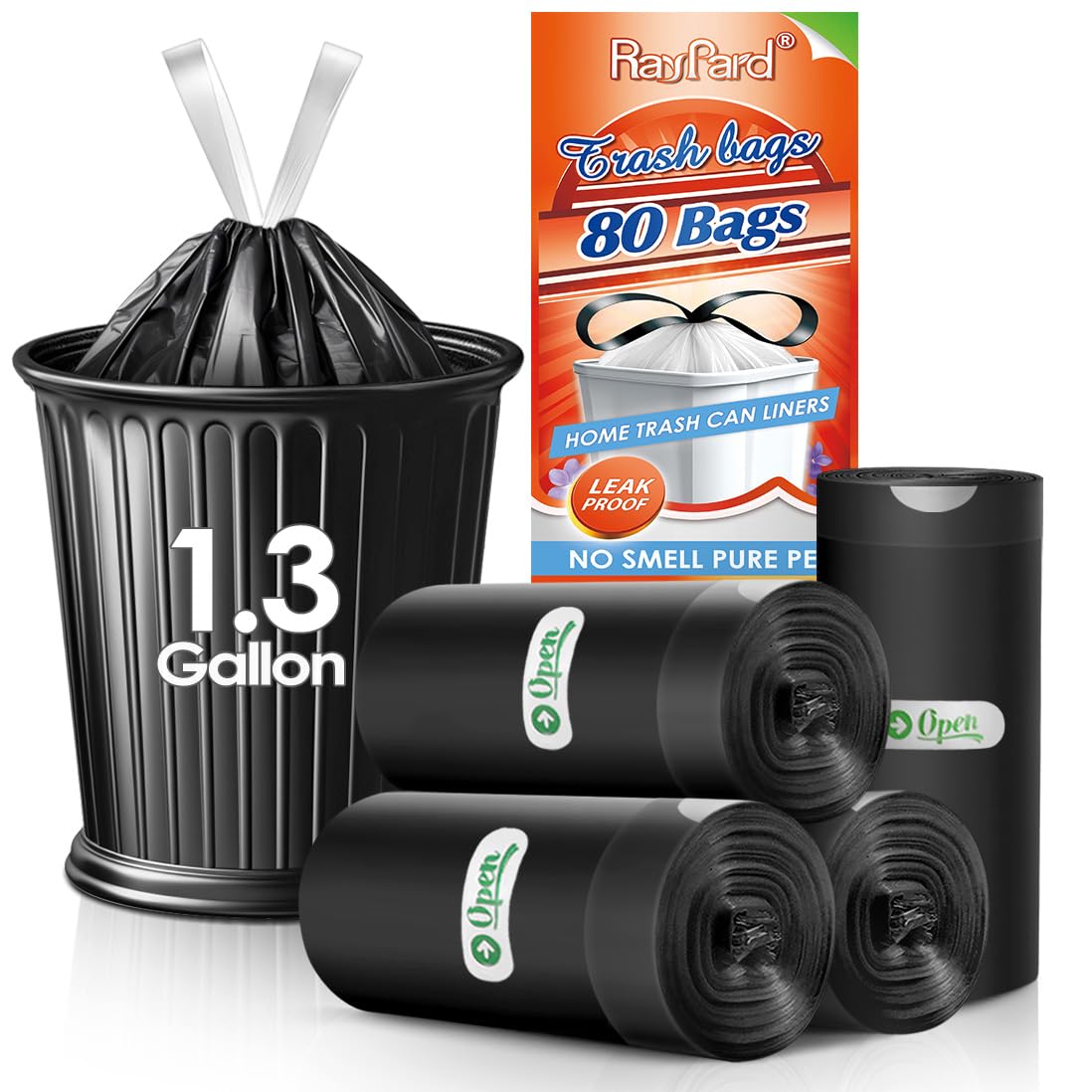 Photo 1 of 1.3 Gallon 80 Counts Strong Drawstring Trash Bags Garbage Bags by RayPard, 1, 1.2, 1.3 Gal Small Plastic Bags, Trash Can Liners for Home Office Kitchen Bathroom Bedroom, Waste Basket Liners (Black)