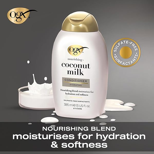 OGX NOURISHING + COCONUT MILK CONDITIONER, HYDRATING & RESTORING CONDITIONER MOISTURIZES FOR SOFT HAIR AFTER THE FIRST USE, PARABENS-FREE, SULFATE-FREE SURFACTANTS, 13 FL. OZ