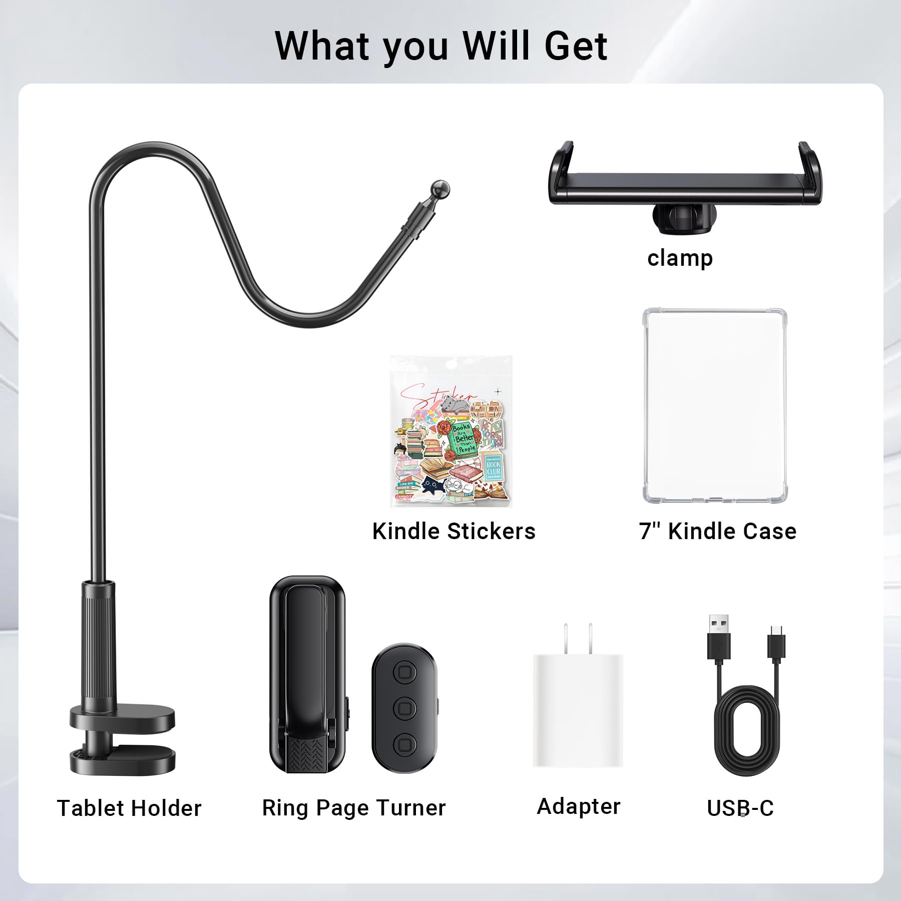 Accessories Kit Gift for 7'' Kindle (12th Genth) Reading in Bed Including Page Turner Ring, Gooseneck Tablet Holder, Clear Case, Charger and Decals Compatible with Paperwhite 12th Gen 2024 Colorsoft