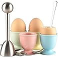 Ceramic Egg Cup Egg Cracker Topper Set for Soft Hard Boiled Eggs Shell Removal Includes 1 Egg Cutter 4 Ceramic Egg Cups and 4 Spoons (Egg Cracker Topper Set)