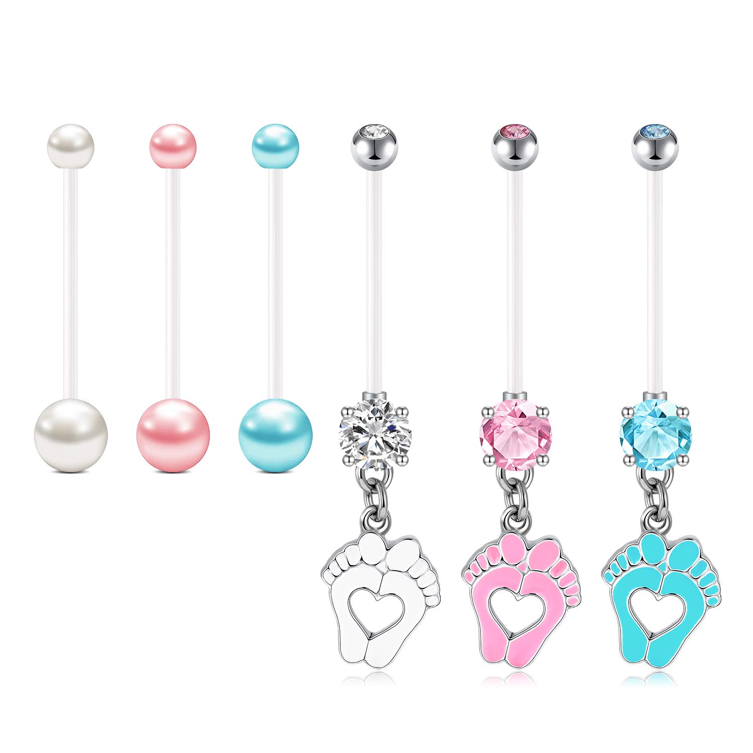 Rajnard Pregnancy Belly Bar Flexible Maternity Belly Button Bars Long Navel Bar 6pcs for Sport Pregnant Women Dangle Baby Foot Bioplast Clear Belly Piercing Retainer 25mm