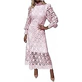 Women's Lace Maxi Dress - High Neck Puff Sleeve A-Line Cocktail Party Dress for Wedding Brunch