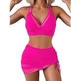 Fanuerg Womens High Waisted Bikini Sets Tummy Control Swim Skirt Swimsuits Mesh Sarong Wraps Two Piece Bathing Suits