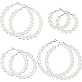 Hicarer 4 Pairs Faux Pearl Hoop Earrings for Women Large Circle Dangle Drop Earrings Artificial Jewelry Gift for Women