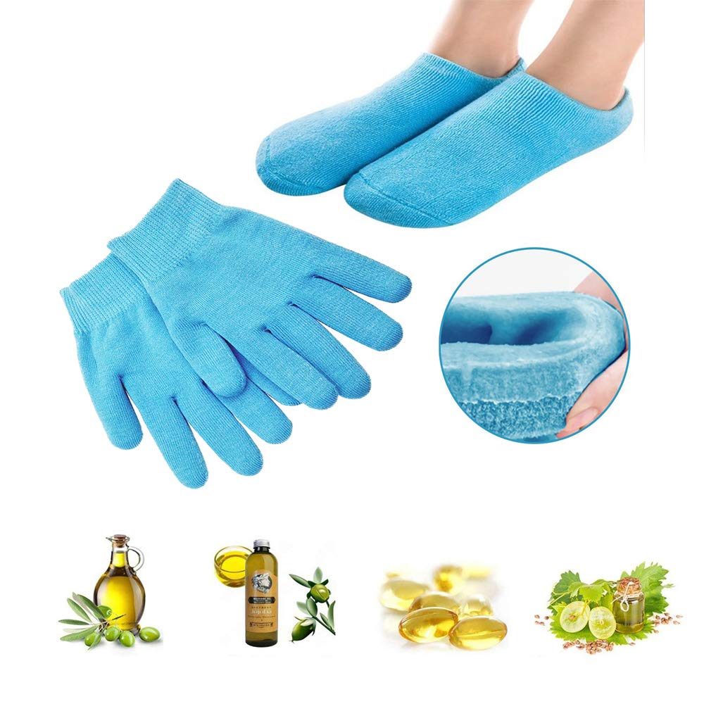 Pinkiou Moisturizing Gloves Socks Set Gel Spa for Moisturize Soften Repairing Dry Cracked Hands Feet Skin Care Silicone inside–Blue : Beauty