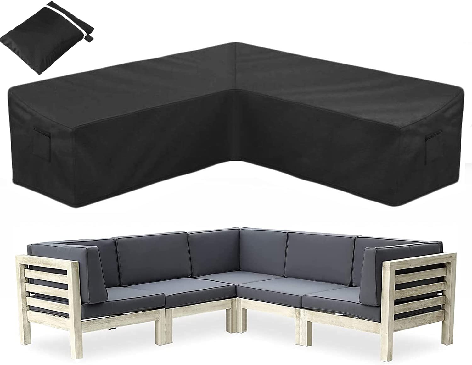 UCARE V shape Garden Furniture Covers Waterproof Outdoor Rattan Corner Sofa Cover 210D Oxford Fabric Heavy-duty Patio Sectional Sofa Covers for V Shape Corner Sofa Set Protector,Black 215×215cm