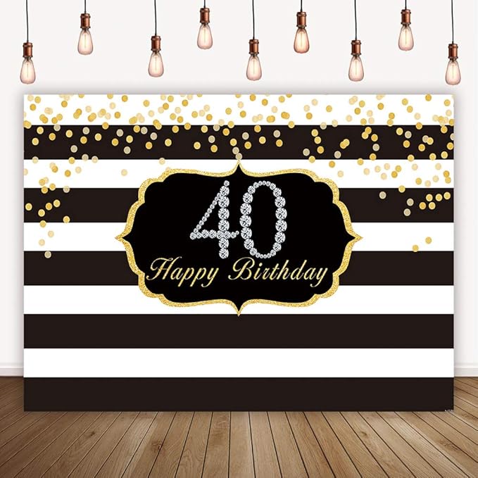 Felizotos Black White Stripe 40th Birthday Backdrop Gold Glitter Dots