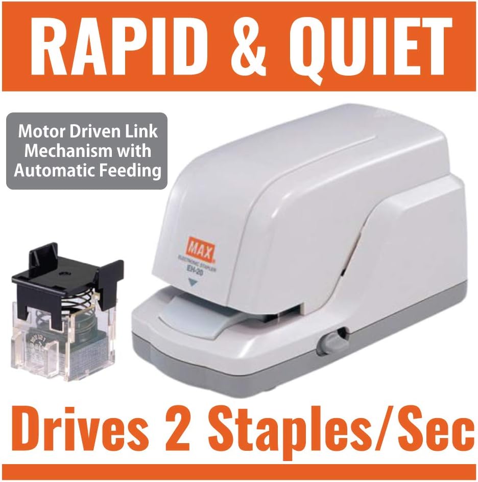 MAX USA CORP. EH-20F EH-20F Flat Clinch Anti-Jam Elec Stapler and Stapler Cartridge, 25 Sheet Cap, Gray, 3.3" x 3.2" x 6.6" : Heavy Duty Desk Staplers : Office Products