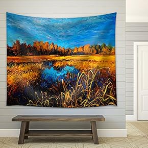 Oil Painting of Trees and Lake on Canvas.Modern Impressionism - Fabric Wall Tapestry Home Decor - 51x60 inches