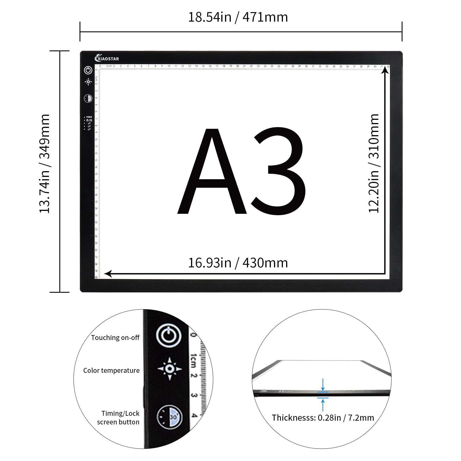Light Box Drawing Pad A3, Dimmable 3 Brightness and Colour Temperature with Type-C Charge Cable and Brightness Adjustable for Artists, AnimationDrawing, Sketching, Animation, X-ray Viewing (A3-STK)