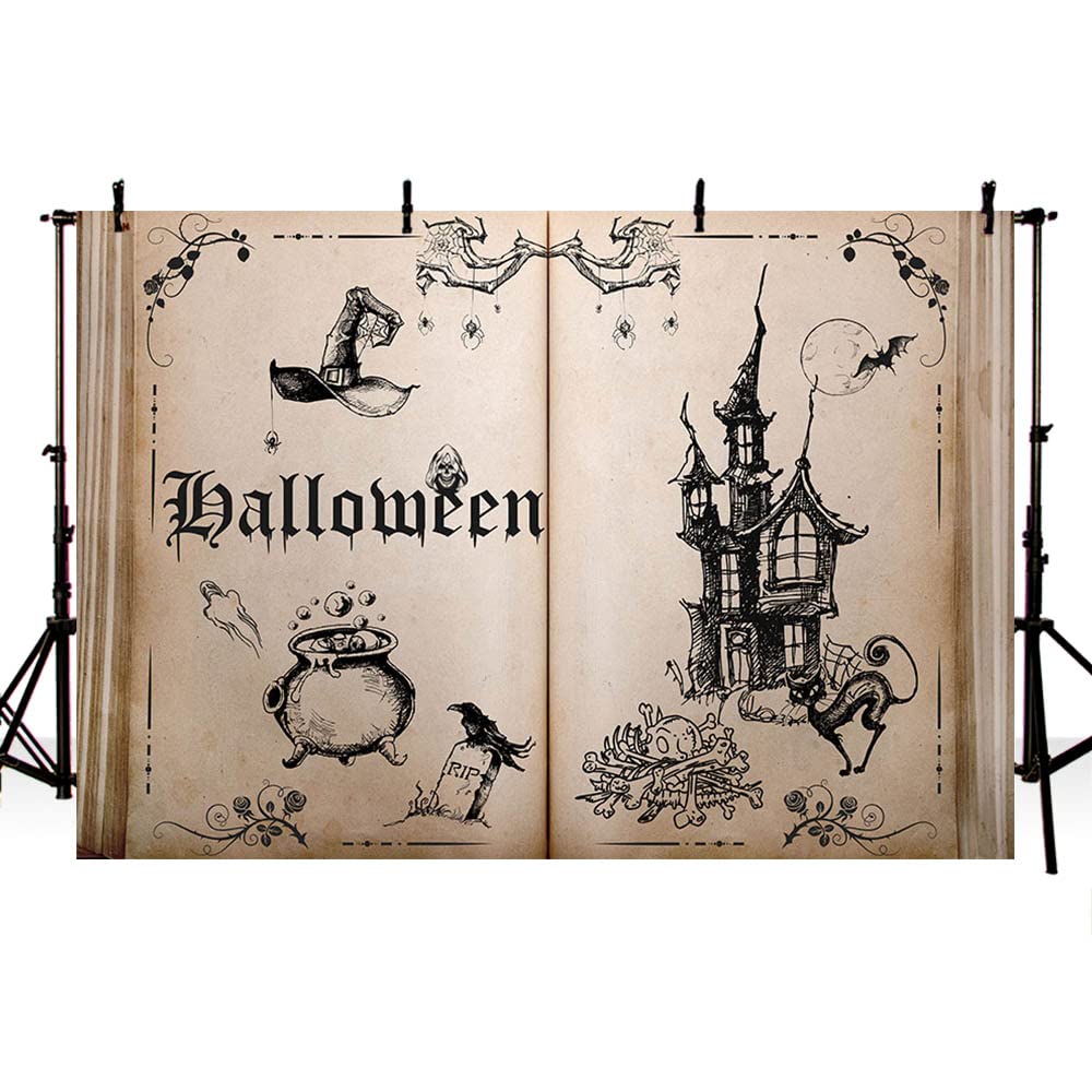 MEHOFOND 7x5ft Halloween Night Theme Magic Book Photography Backdrops Old Castle Dark Fairytale Wizard Hat Bones Crucible Background Portrait Decor Halloween Party Photo Shoot Props Studio Banner