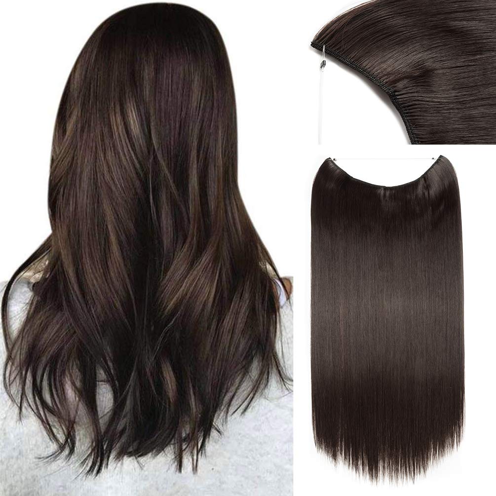 Invisible Secret Hidden Wire in Hair Extensions 20 Inches Long Straight Synthetic No Clip in Hairpieces Miracle Translucent Fish Line Dark Brown
