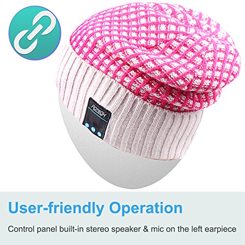 Rotibox Outdoor Bluetooth Wireless Beanie Hat Cap with Stereo Headphone Headset Earphone Speaker Mic Hands Free Talking Compatible with iPhone iPad Samsung Android Smartphones - Rose