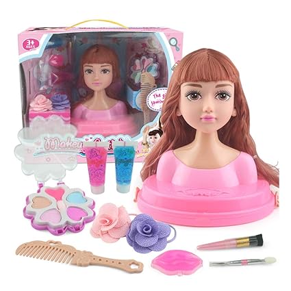 Leoie Makeup Doll Head Girls Playset with Beauty and Fashion Accessories [Standard] Neat Bangs Straight Hair,