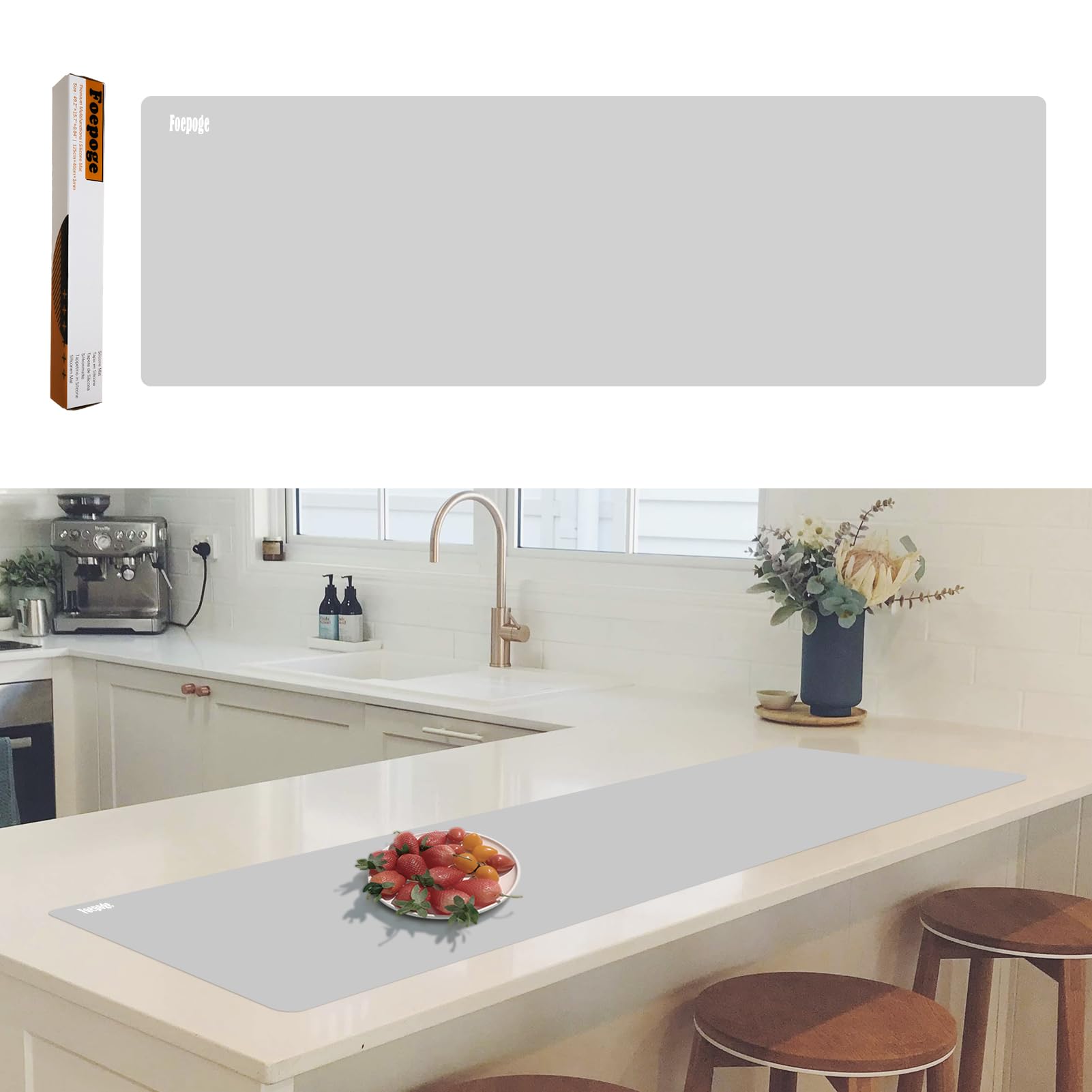 Foepoge 125 × 40cm Extra Long Silicone Mat for Kitchen Worktop Protector, Non Stick Heat Resistant Silicone Countertop Protector, Cuttable Protective Mat, Craft Mat for Resin, Grey
