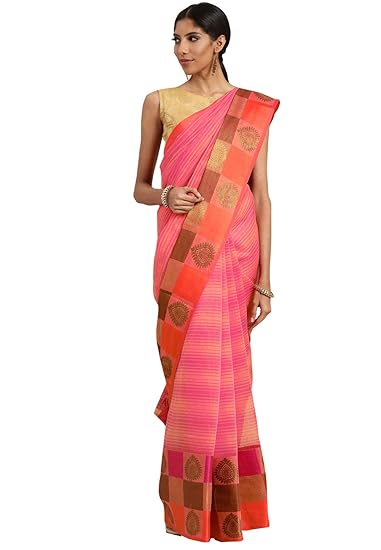 Chanderi Gadhwal Pink & Peach With Golden Zari Woven Womens Saree
