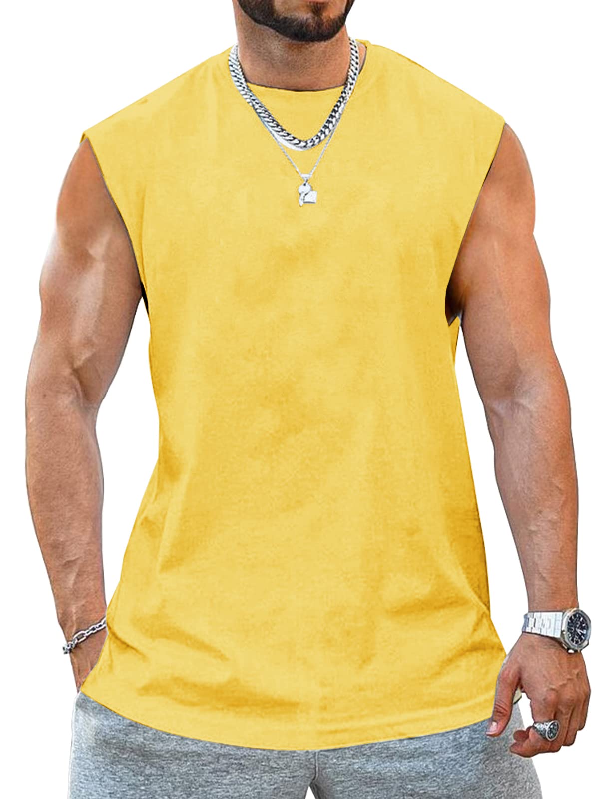Photo 1 of *MEDIUM/STAINED  MINOR) Aoysky Men's Crewneck Sleeveless Athletic Tank Top Performance Workout Muscle Cut Tee Tops Yellow