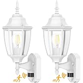 Lamomo Motion Sensor Outdoor Wall Lights Fixtures, 2-Pack Porch Lamp, White | Dusk to Dawn, Anti-Rust, Waterproof Aluminum Frame, Tempered Glass &amp; Classic Exterior Sconces for House Garage Backyard