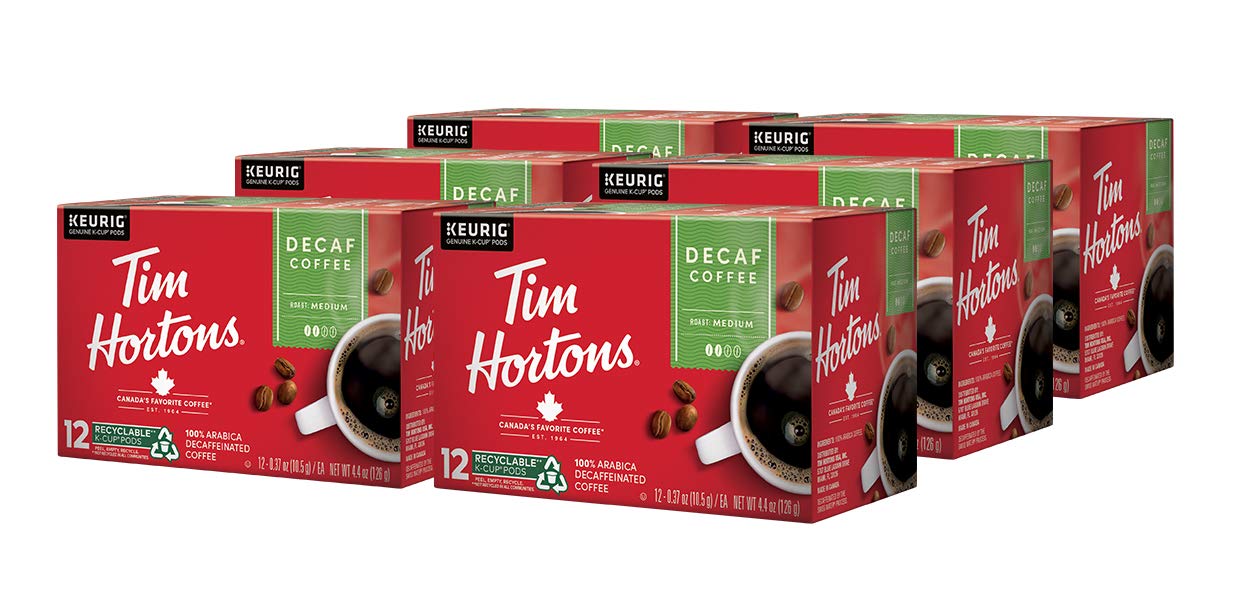 Tim Hortons Decaf, Medium Roast Coffee, Single-Serve K-Cup Pods for Keurig Brewers, Recyclable, 72 Count (6 Boxes of 12ct)