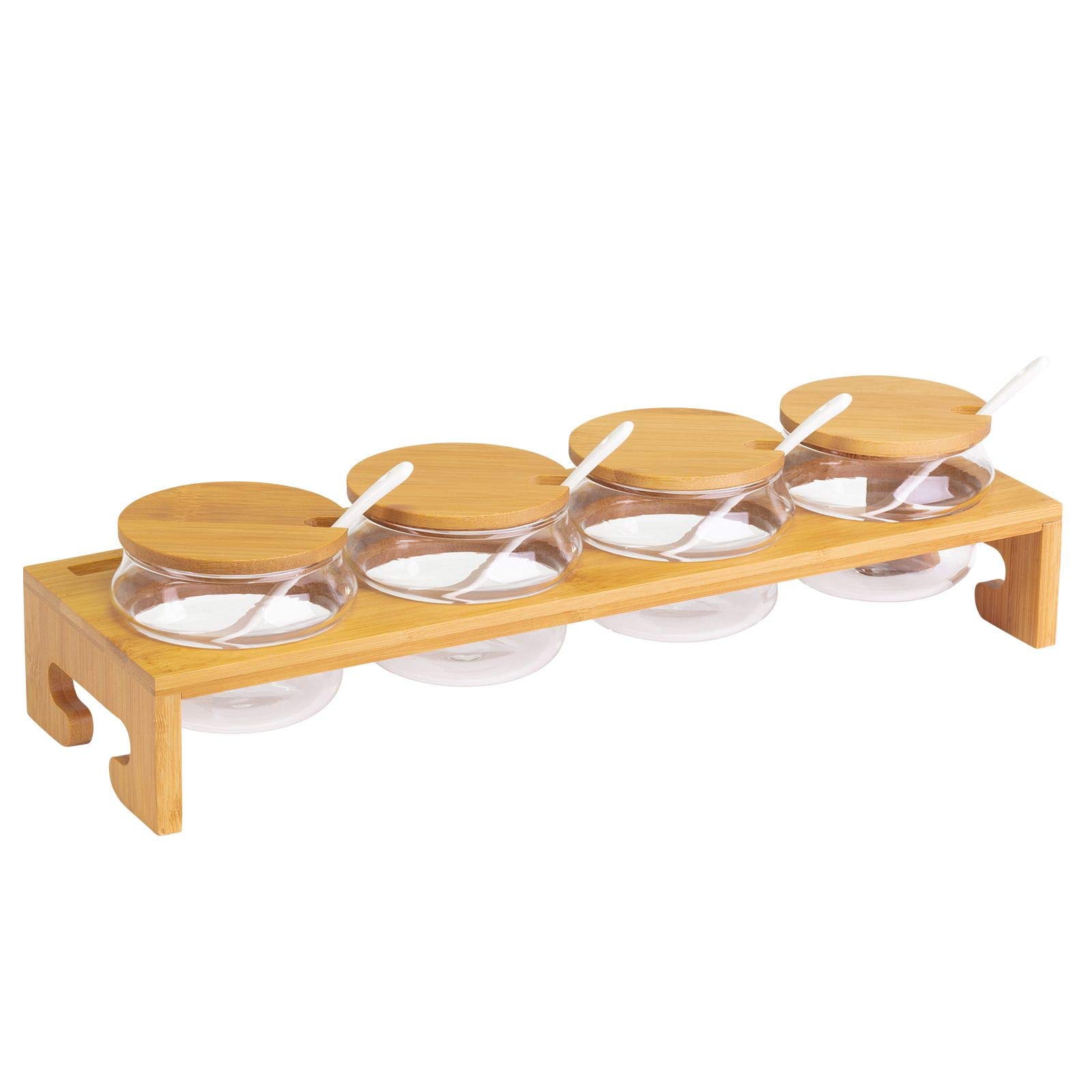 Westmark Jam Bar/Spice Rack, 13-piece set, 1 stand + 4 jars + 4 lids + 4 spoons, width: 38.5 cm, bamboo/glass/ceramic, Tapas + Friends, light brown/white, 69902260