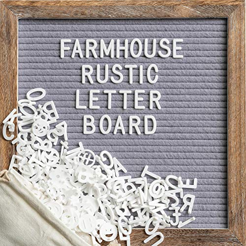 Message Board with 10x10 Inch Rustic Wood Frame, Felt Letter Board with Script Words, Precut Letters, Picture Hangers, Farmhouse Wall Decor, Shabby Chic Vintage Decor, Grey (Gray)