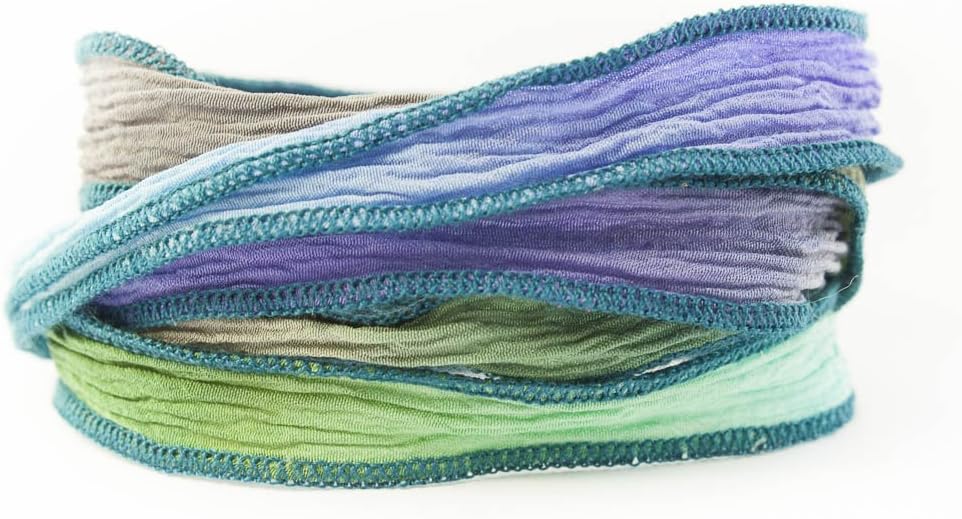 Greek Goddess Handmade Silk Ribbon - Dove Gray, Periwinkle, Olive Green and Light Turquoise with Teal Edges