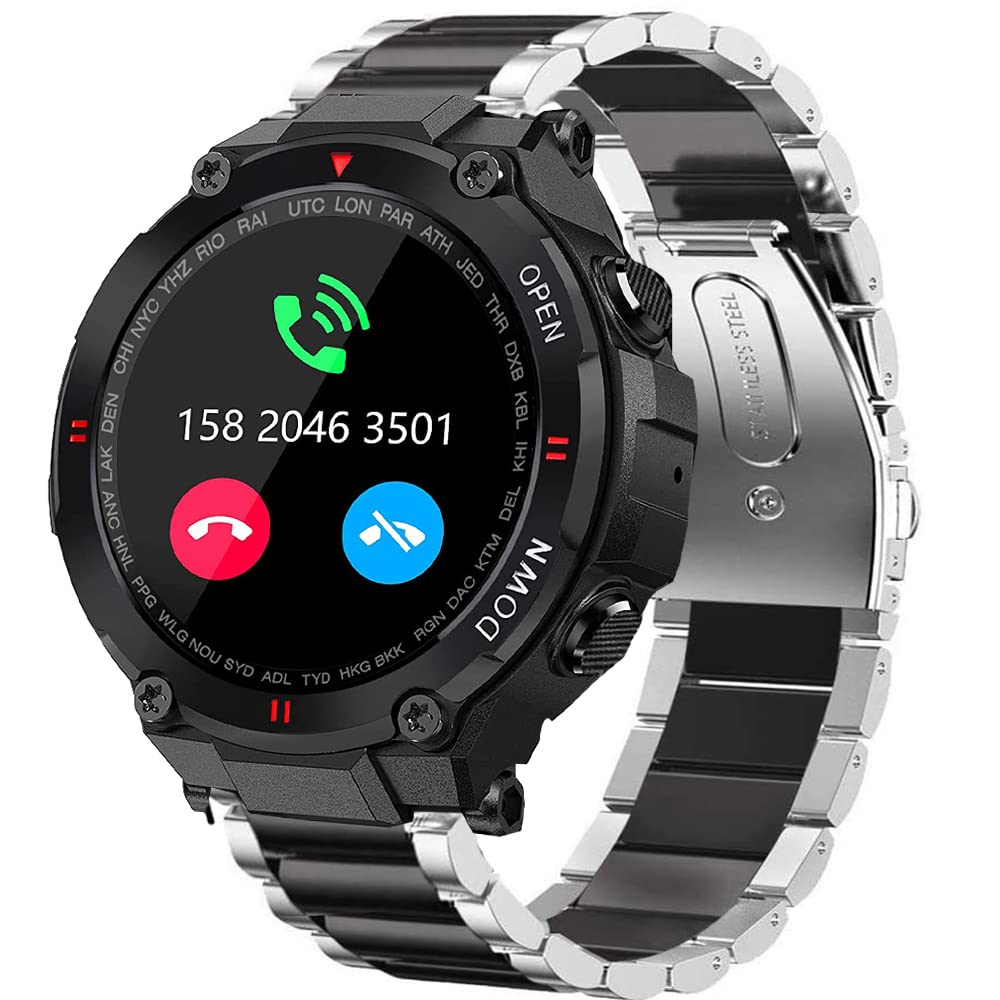 for EIGIIS Military Smartwatch Straps, Stainless Steel Metal Replacement Straps Compatible for VALYV K22 Military Smartwatch/EIGIIS K22 Military Smartwatch/GUCABE Military Smart Watch (Silver-Black)