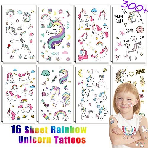 KeaParty Unicorn Temporary Tattoos - Unicorn Party Supplies | 16 Sheets for Kids Birthday Party, Girls Party Favors Non Toxic Waterproof Unicorn Tattoo for Party Favors FDA Approved Colorants