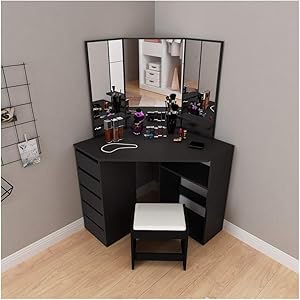Fine Corner Design Dressing Table Vanity Mirror Set - Modern Bedroom Storage Cabinet Makeup Table with Drawer - Bathroom Vanity for Corner Small Space (Ship from U.S.) (Black)