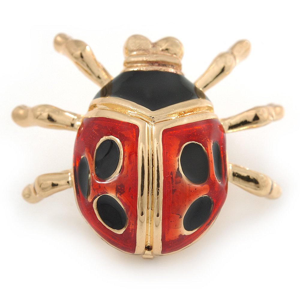 Black/Red Enamel Lady Bug Brooch In Gold Plated Metal - 30mm L