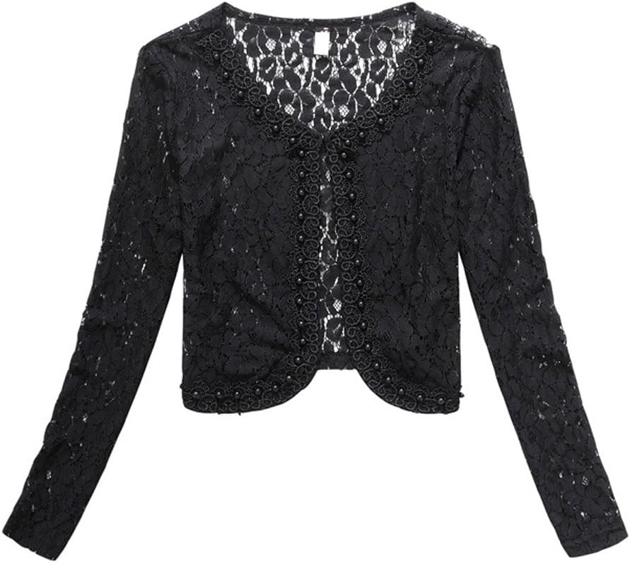 Modekini Women's Long Sleeves Sheer Floral Lace Pearl Cover Up Shrug